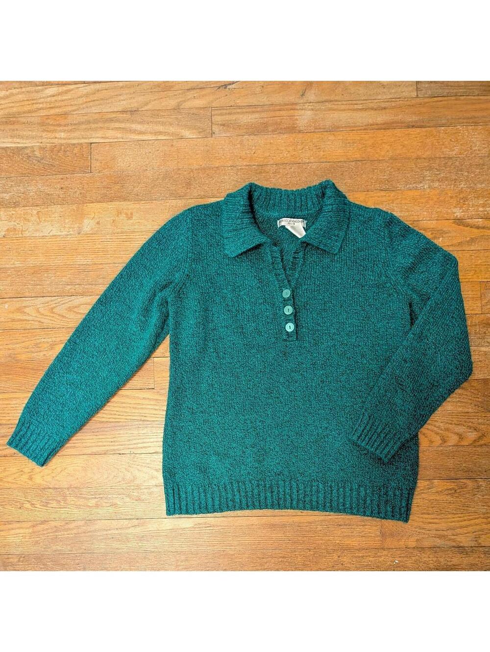 Vintage 1990s Teal Marled Knit Sweater Shoulder Button Shawl Collar Small